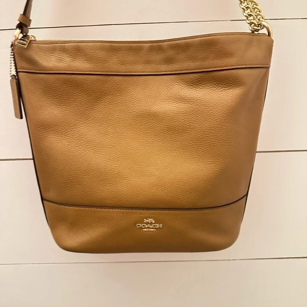 Coach Paxton Duffle Pebbled Leather Convertible Chain Strap Shoulder Bag Tan Cam
